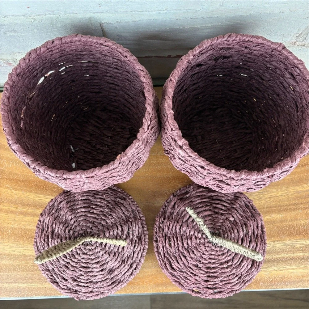 Vintage Burgundy Woven Apple Lidded Baskets Set of 2 Fall Home Decor Autumn Boho